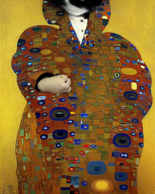 Image similar to jacket cat portrait an oil painting splashes with many colors and shapes by gustav klimt greg rutkowski and alphonse mucha, polycount, generative art, psychedelic, fractalism, glitch art