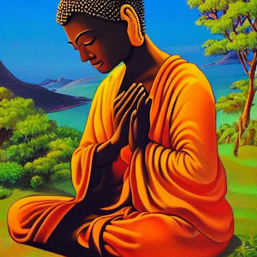 Image similar to contented peaceful south african!!! woman!!!! buddha, praying meditating, in a scenic environment, detailed, golden hour, expressionist painting by ernie barnes