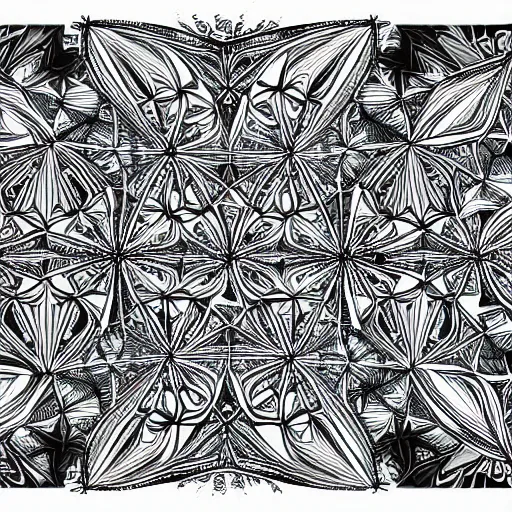 Image similar to an infinite fractal kaleidoscope, micron pen drawing, black ink, by charles burns, mandelbrot