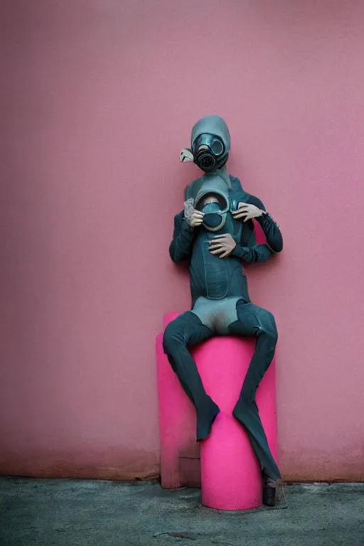 Image similar to a surreal portrait of intertwined and contorted figures wearing gas mask next to a pink wall in the style of brooke didonato, editorial fashion photography from vogue magazine, full shot, nikon d 8 1 0, ƒ / 2. 5, focal length : 8 5. 0 mm, exposure time : 1 / 8 0 0, iso : 2 0 0