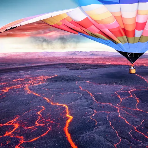 Prompt: hot air balloon travelling over the dark skies of Mordor. Mt doom is in the distance and lava can be seen. Ultra widescape shot. Photorealistic 4k IMAX 35mm sharp focus