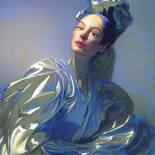 Image similar to a chrome woman's face in flowing sheets of cobalt blue gold chrome silver satin, by moebius syd mead roger dean wojciech siudmak donato giancola yoshitaka amano ivan aivazovsky jan de heem pieter claesz paul delaroche alma tadema aelbert cuyp willem claesz, hyperrealistic volumetric light render