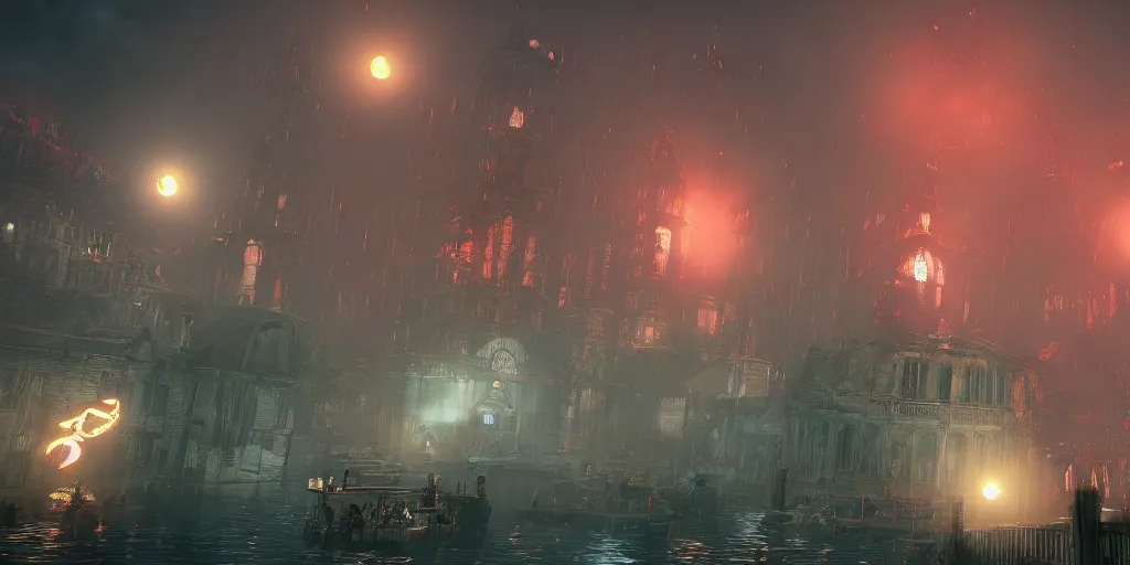 Prompt: bioshock infinite mixed with bloodborne, floating city, brightly colored, terrifying