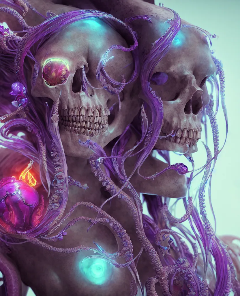 Image similar to goddess close - up portrait human skeleton, ram skull, squid phoenix jellyfish, orchid, betta fish, bioluminiscent, intricate artwork by tooth wu and wlop and beeple. octane render, trending on artstation, greg rutkowski very coherent symmetrical artwork. cinematic, hyper realism, high detail, octane render, 8 k