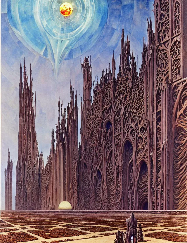 Image similar to giant immense crematorium advanced technology sci - fi architectural structure on desert planet, gothic architecture fantasy, d & d, intricate, painting by lucian freud and mark brooks, bruce pennington