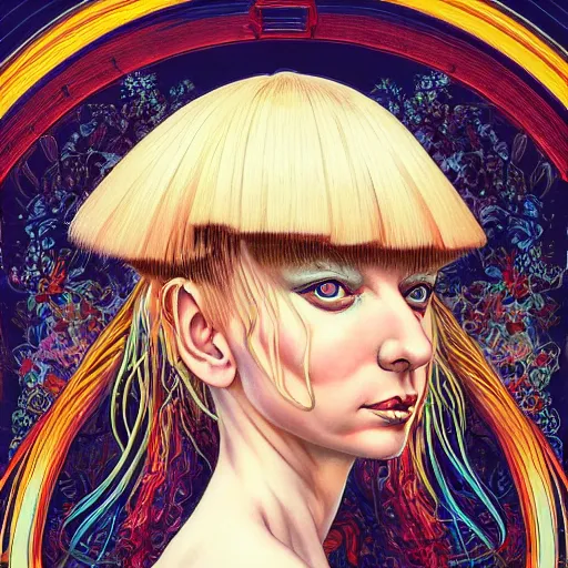 Prompt: portrait of crazy beautiful sia kate isobelle furler, ymmetrical, by yoichi hatakenaka, masamune shirow, josan gonzales and dan mumford, ayami kojima, takato yamamoto, barclay shaw, karol bak, yukito kishiro