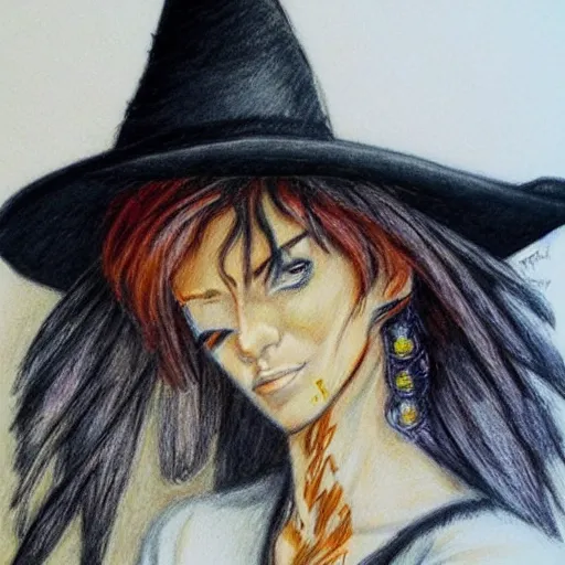 Image similar to beautiful cowboy witch, wild west, concept art, colored pencil drawing, trending on artstation