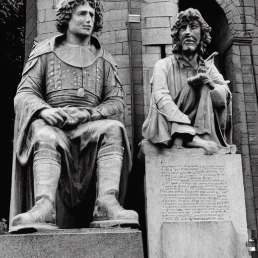 Image similar to bob dylan playing his guitar whilst sitting next to a statue of king alfred the great, photograph