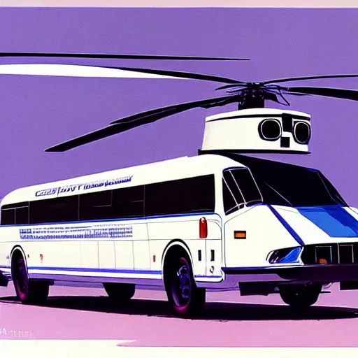 Image similar to concept art for bus + helicopter, painted by syd mead, high quality