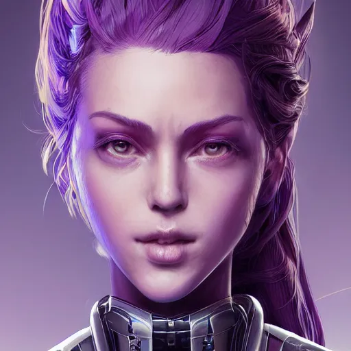 Image similar to close up portrait of a woman in smooth purple sci - fi armor, long black ponytail, elegant, intense, woman, an ultrafine hyperdetailed illustration by kim jung gi, irakli nadar, intricate linework, sharp focus, bright colors, octopath traveler, final fantasy, unreal engine 5, global illumination, radiant light