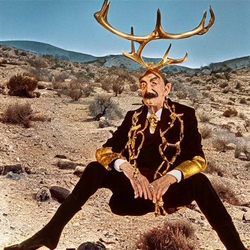 Image similar to salvador dali wearing a golden costume with jewels and antlers, in a dry rocky desert landscape, visible sky and sunny atmosphere, film still from the movie by alejandro jodorowsky with cinematogrophy of christopher doyle and art direction by hans giger, anamorphic lens, kodakchrome, very detailed photo, 8 k