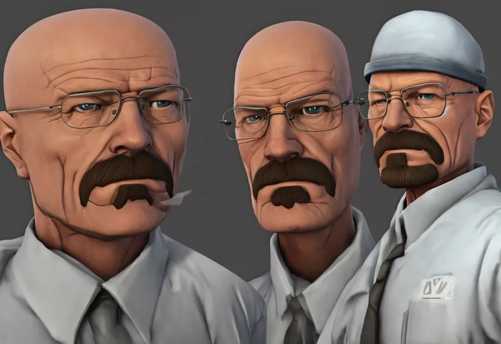 Image similar to walter white in team fortress 2, walter white in the video game team fortress, gameplay screenshot, close up, 3 d rendering. unreal engine. amazing likeness. very detailed.