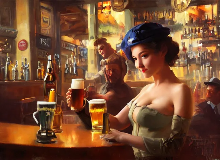 Prompt: greg manchess painting of a delicious mug of beer in a dieselpunk bar, medium shot, organic painting, matte painting, bold shapes, hard edges, street art, trending on artstation, by huang guangjian and gil elvgren and sachin teng