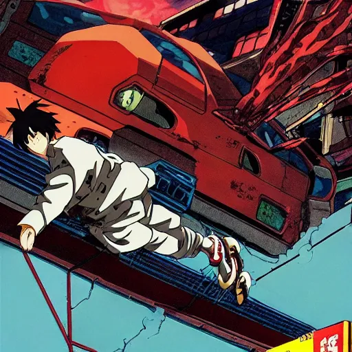 Image similar to an anime image in the style of akira, with a character leaping through the air, striking at a huge bat robot.