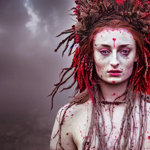 Image similar to 3 5 mm coloured film portrait of sophie turner as aghori sadhu covered in ash creature, hyperrealism, celestial red flowers vibe, photorealistic, detailed, atmospheric, 8 k, award winning photography, cinematic