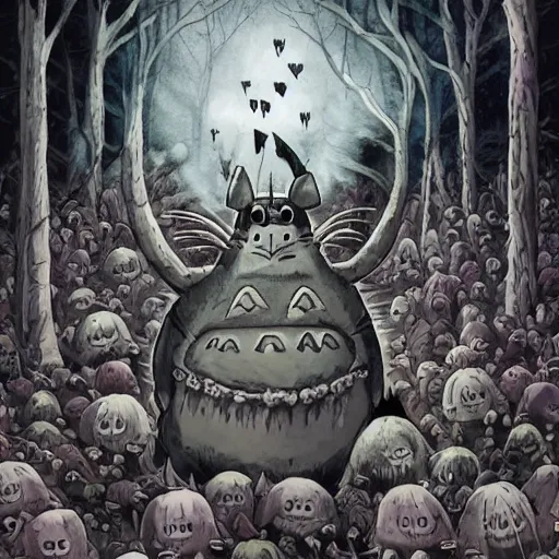 Image similar to totoro in a black metal band in a concert, dressed like band metal kiss, marduk, mayhem, burzum, inmortal, a crowd cheering, a drummer, electric guitar, sparkles all around, fantasy digital art, wow, stunning, ghibli style, hight quality