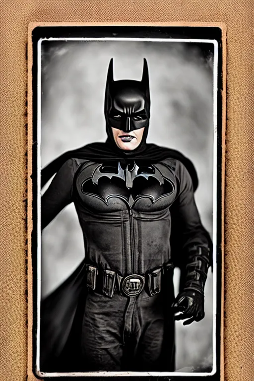 Image similar to a wet plate photograph of Dieselpunk Batman