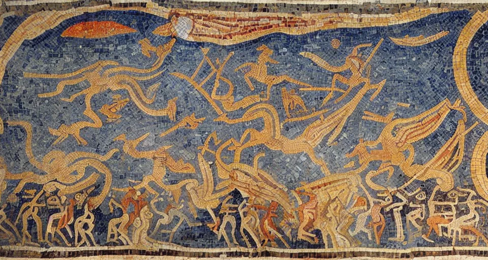 Prompt: late 4th century BC Greek mosaic depicting a wide shot of an epic battle of Dinosaurs fighting UFOs and Grey Aliens, wide shot