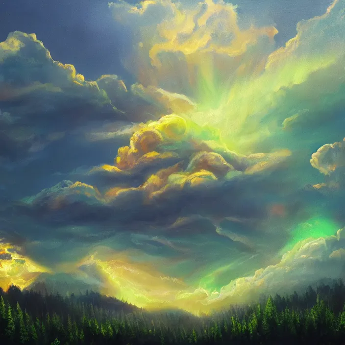 Image similar to beautiful oil painting of single golden eastern dragon in sky, green lightning, night clouds, above forest, high detail, trending on artstation