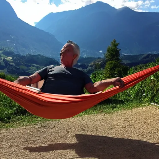 Prompt: my older italian wise friend on a hammock, reading new book, gravity is strong, he is very relaxed, mountains in a background