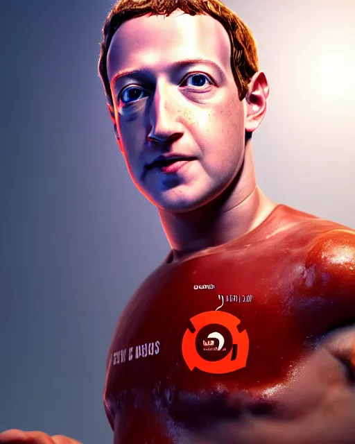 Image similar to mark zuckerberg as a sweet baby rays bbq sauce cyborg, full body portrait, oil on canvas, octane render, trending on artstation