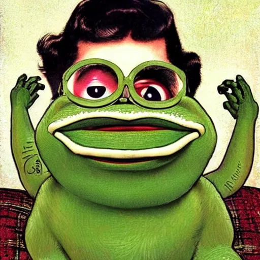 Prompt: gary coopers as pepe the frog by norman rockwell