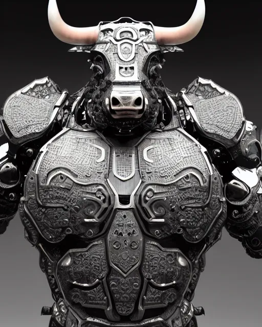 Image similar to a full body shot of an imposing cyborg bull modeled after a bull looking into the camera, contrast lighting, black skin!!!, intricate pattern, hard rubber chest, highly detailed, android, cyborg, full body shot, intricate, 3 d, symmetrical, octane render, fantasy, highly detailed, digital art, artstation, strong bokeh, black face