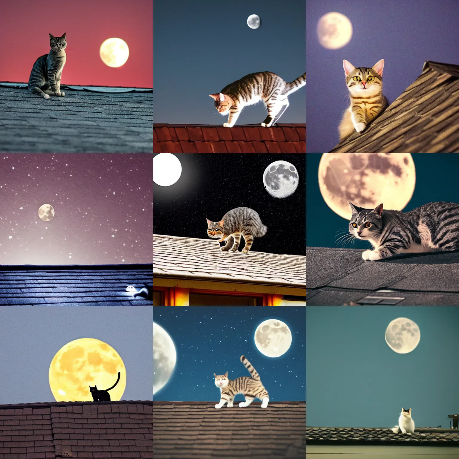 Prompt: a cat walking on a roof at night under the moon