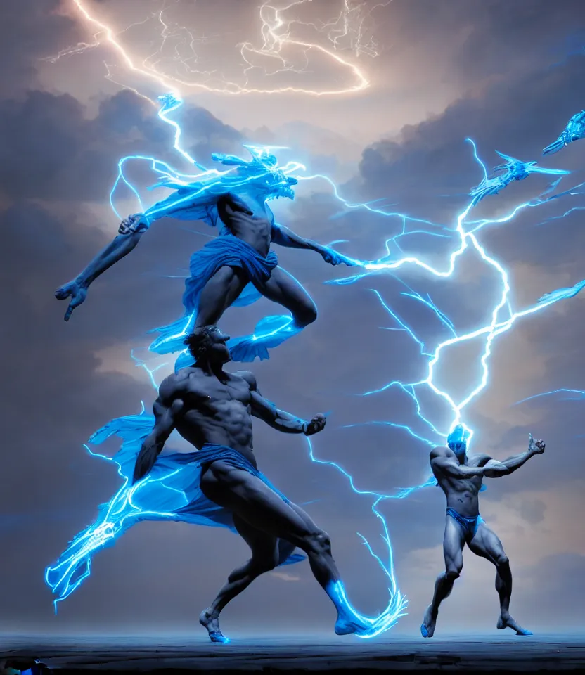 Image similar to zeus god throwing bolts of blue lightning, ultra realistic, dramatic lighting, combative pose, highly detailed by peter mohrbacher, hajime sorayama, wayne barlowe, boris vallejo, aaron horkey, gaston bussiere, craig mullins, octane render, cycles render, vray, iridescent