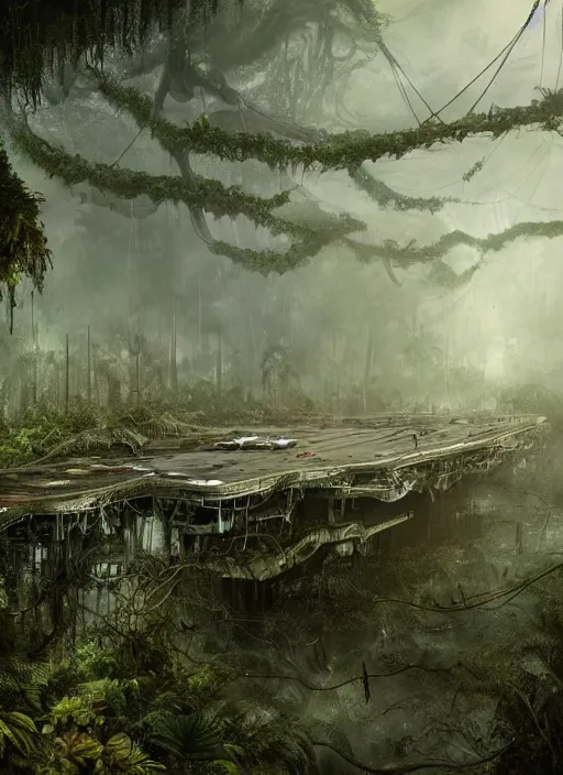 Image similar to decayed aircraft carrier USS Nimitz laying on the ground overgrown with vegetation and hanging vines, post apocalyptic, tropical forest, by Luis Royo, by Greg Rutkowski, dark, gritty, intricate, cover illustration, concept art, volumetric lighting, volumetric atmosphere, sharp focus, octane render, trending on artstation, 8k