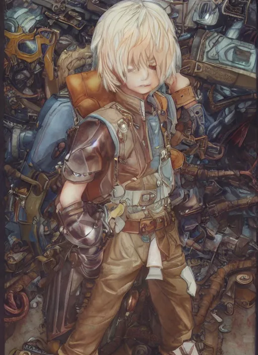 Image similar to prompt : ragnarok online portrait soft light painted by james jean and katsuhiro otomo and erik jones, inspired by akira anime, epic fantasy, a young blonde boy thief wearing plain leather thief clothes standing in a steampunk city, intricate oil painting, high detail illustration, sharp high detail, manga and anime 1 9 9 9