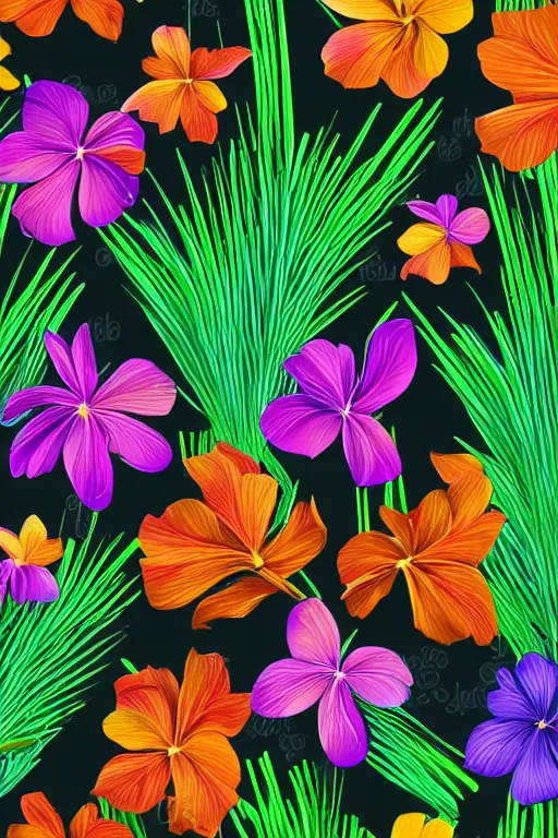 Image similar to sombre detailed vector illustration of photorealistic tropical flowers and green reeds, multiple cohesive colors ranging from warms purples to bright oranges on a ((very dark black background)), 4K resolution, trending on artstation, hd wallpaper