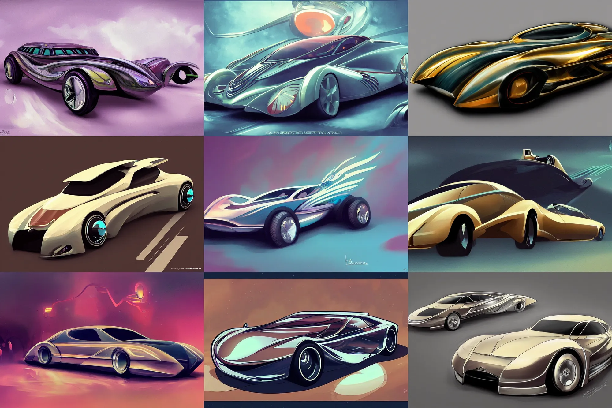 Prompt: retro - future art - nouveau fantastical luxury car, full car, concept art, digital painting, artstation