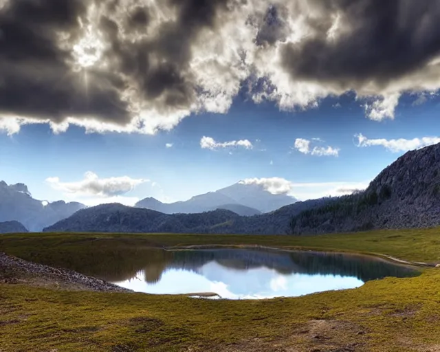 Image similar to mountains with a small lake, clouds in the sky, water reflecting suns light, dramatic landscape mode made by Clay Collier