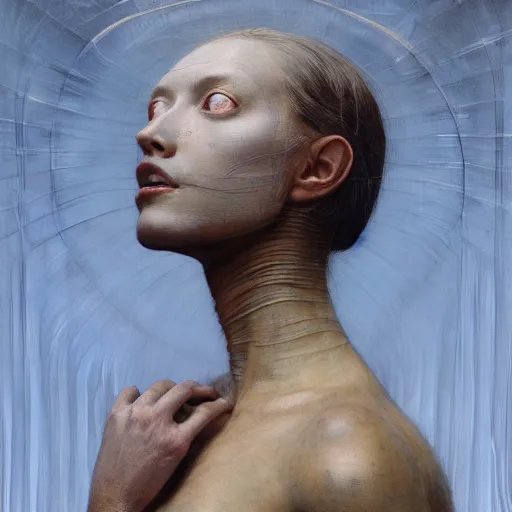 Image similar to portrait of a woman, covered in transparent cloth, plastic, glowing eyes, flat background, Masterpiece, glowing, wires everywhere, by Edgar Maxence and Ross Tran, Zdzisław Beksiński, and Michael Whelan, distant, gustav dore, H.R. Giger, 8k, octane render