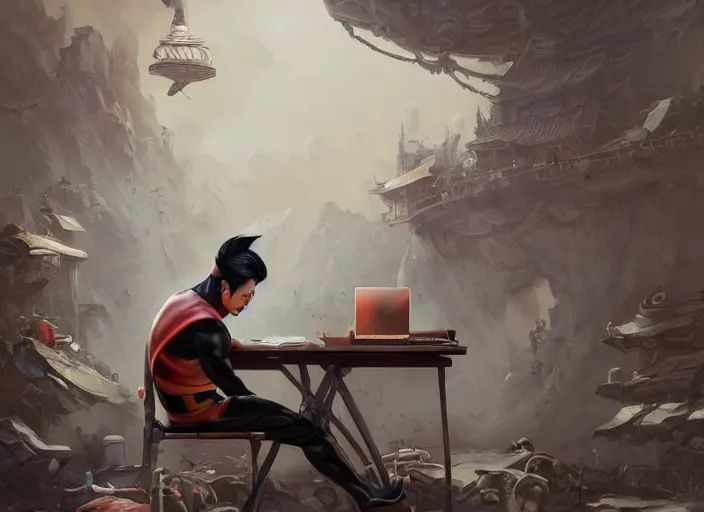 Image similar to an insanely detailed painting of an asian man wearing a homemade superhero costume, sitting at a desk, staring seriously at the computer and typing, in the style of peter mohrbacher, james jean, artgerm, dramatic lighting and composition, surreal background, octane render, pixar, trending on artstation, concept art, comic book, view from behind, 8 k