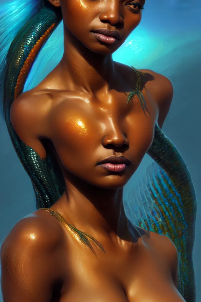 Prompt: Sudanese Mermaid, highly detailed, not deformed like every time I try to create a black woman, no racism, digital painting, artstation, concept art, smooth, sharp focus, illustration, Unreal Engine 5, 8K, art by Ross Tran and Greg Rutkowski and Alphonse Mucha