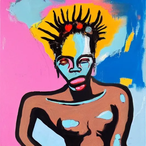 Image similar to A pretty attractive black woman with devil horns wearing a silver mini dress standing on the ocean, ,full body, pitchfork, creative background, abstract jean-Michel Basquiat oil painting with thick paint strokes, oil on canvas, intricately!!! detailed!!!