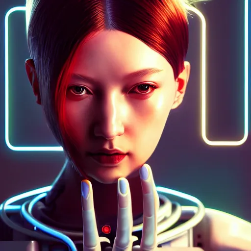 Image similar to a extremely detailed digital painting of a highly complex humanoid android woman with integrated cybernetic modifications, cyberpunk art by ilya kuvshinov, trending on cgsociety, computer art, ilya kuvshinov, artstation hd, artstation hq, photo realistic, hyperrealism, soft light, cinematography photo, ray tracing, unreal engine 5