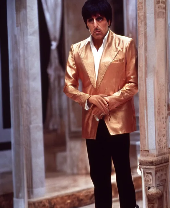 Prompt: full body portrait. tony montana from movie scarface 1 9 8 3. al pacino, perfect symmetric face, coherent eyes, fine details., 4 k, ron cobb. cinestill