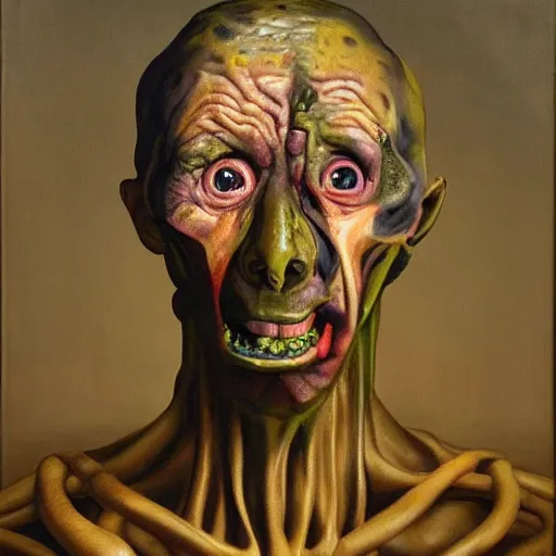 Image similar to Oil painting by Christian Rex Van Minnen of a portrait of an extremely bizarre disturbing mutated man with intense chiaroscuro lighting perfect composition