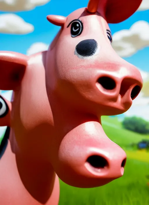 Image similar to highly detailed closeup, face profile portrait of a retro 1 9 5 0 s tin toy cow chewing cud on pasture, dream bubbles, unreal engine, nicoletta ceccoli, mark ryden, earl norem, lostfish, global illumination, detailed and intricate environment