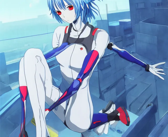 Image similar to anime art, fullbody shot of female rei ayanami, evangelion, long blue hair and large eyes, finely detailed perfect face, in a pale skintight plugsuit, sitting on rooftop, flooded city, trending on pixiv fanbox, by ilya kuvshinov, sola digital arts,, raytracing