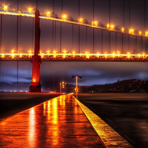 Image similar to Golden gate bridge,it is raining, night time , peaceful atmosphere, moody lighting , digital art , highly detailed , high contrast, beautiful lighting, award winning , trending on art station, photorealistic, 8k