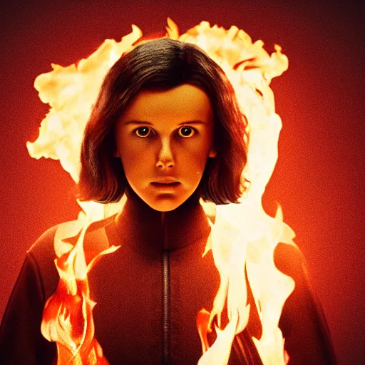 Prompt: Millie Bobby Brown made of fire, octane render