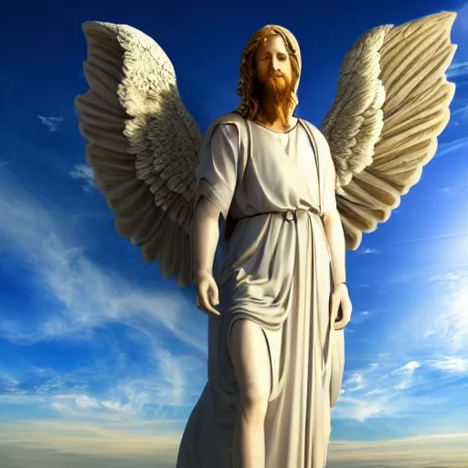 Image similar to gigantic biblical depiction of an angel towering over a vast landscape, cinematic, realistic, geometric body, photorealistic, detailed, white body, global illumination, volumetric lighting, 8 k, god rays, beautiful, majestic clouds, soft colors, heavenly lighting