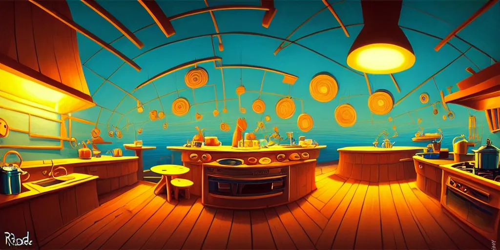 Prompt: spiral lines, naive nerikomi, weird perspective, extra narrow, detailed illustration of a kitchen dim lit by flashlight in a scenic spiral environment by rhads from lorax movie, trending artstation, true color, fisheye, gaudi