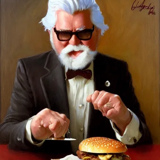 Image similar to bodybuilder colonel sanders eating a hamburger, highly detailed painting by gaston bussiere, craig mullins, j. c. leyendecker, 8 k