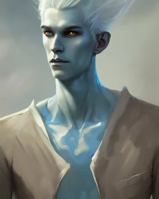 Image similar to character portrait of a slender young half elven man with white hair, piercing cyan blue eyes, and pale blue skin, by greg rutkowski, mark brookes, jim burns, tom bagshaw, trending on artstation