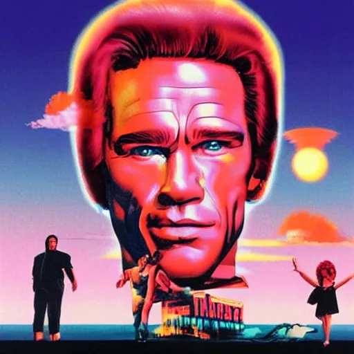 Image similar to vaporwave stylized movie poster by Drew Struzan for the movie 'Breakfast' staring Arnold Schwarzenegger, released in 1986